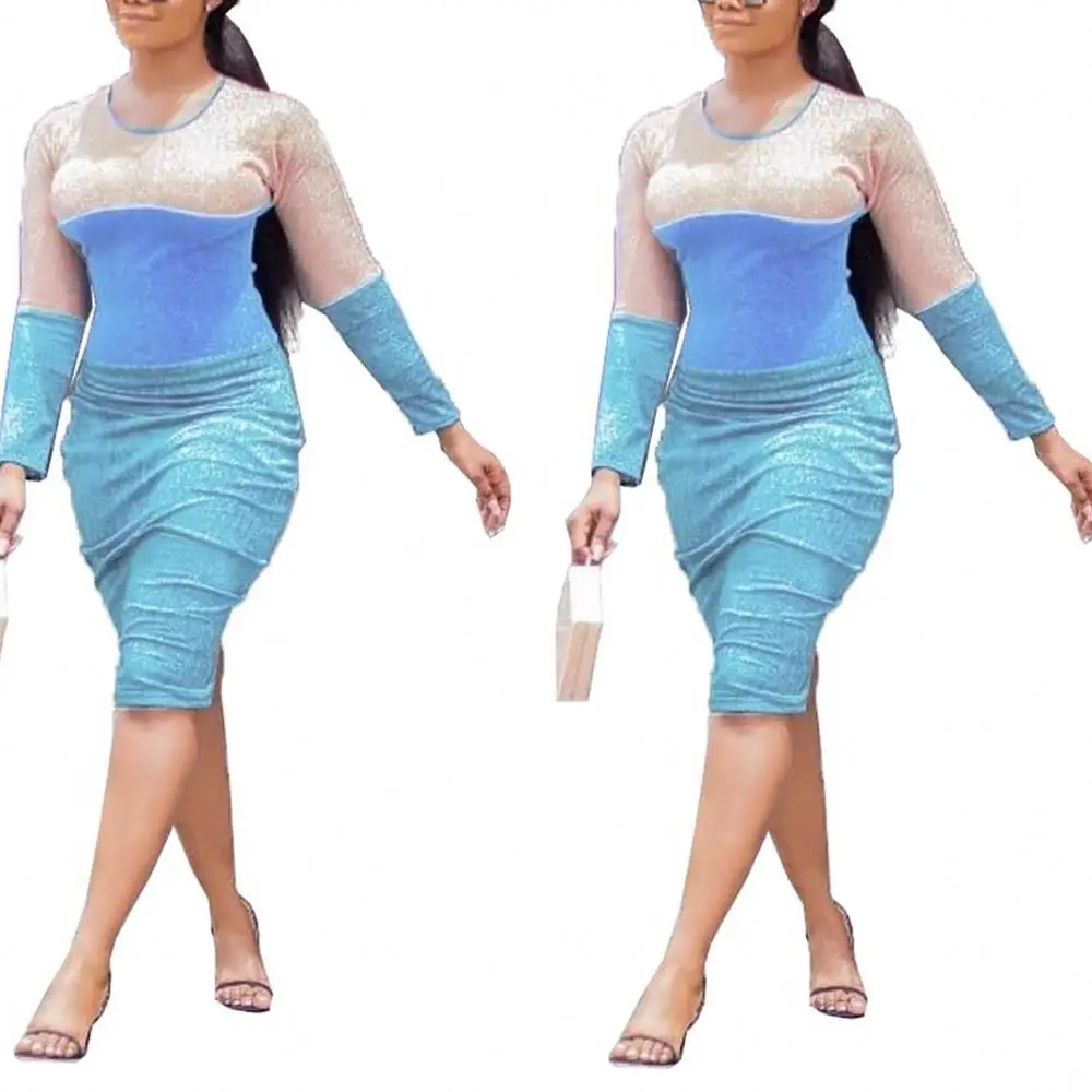 

2020 High Quality Stylish Bling Patch Long Sleeve Bandage Midi Dress Women
