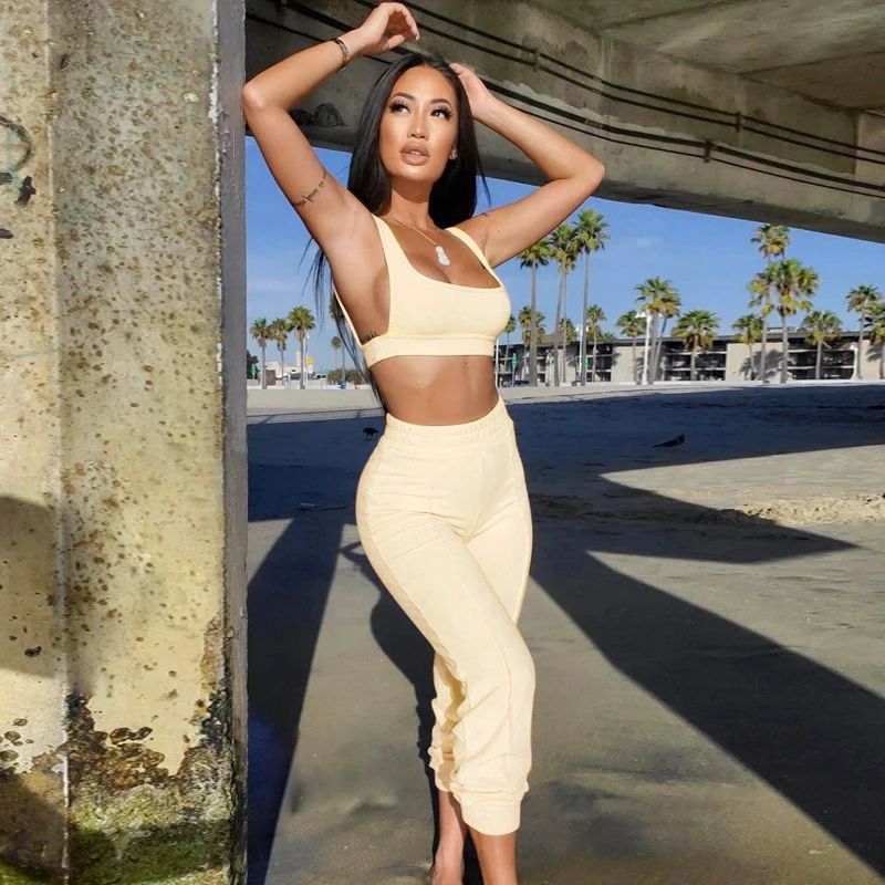 

2021 women summer clothes crop tank tops soild color fitness long pants sportswear tracksuit two piece 2pc sets outfit
