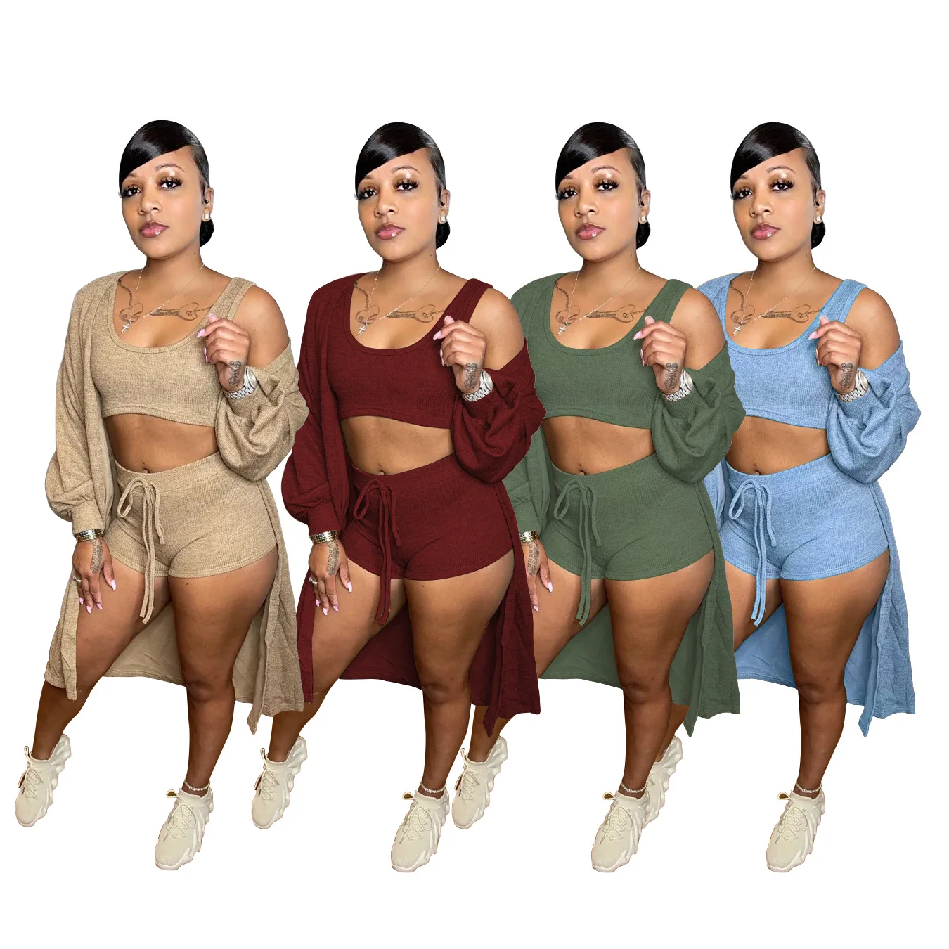 

New High Waist Shorts Crop Top Long Sleeve Cardigan Serts Co Ord Ribbed Knitted Set Legging sets womens Tracksuits, Customized color