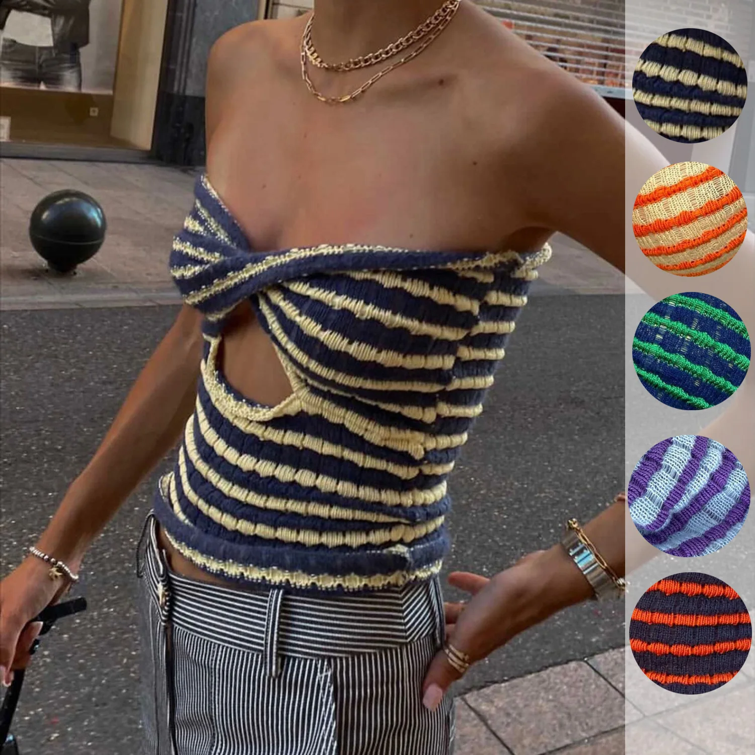 

2022 New Arrivals Women New Striped Knitted Sleeveless Tops Sexy Off Shoulder Sweater Vest Hollow Knitting Tanks Top