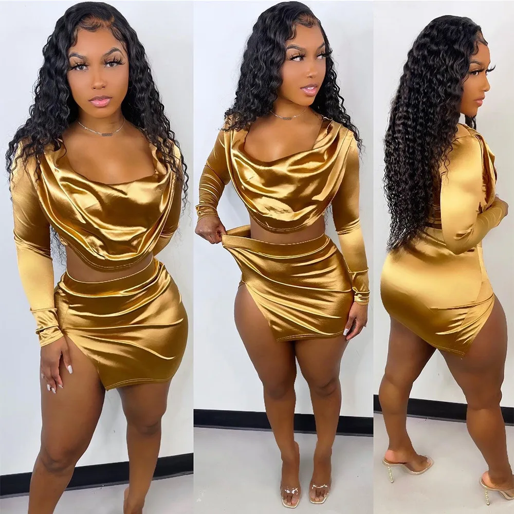 

Summer 2022 New Arrival Women Streetwear Shiny Golden Long Sleeve Notched Split Clubwear Skirt Two Piece Set Casual Clothing