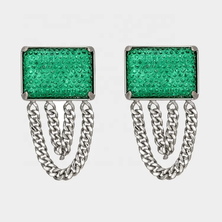 

Trendy Personality Retro Niche Design Female Rectangular Emerald Gemstone Chain Pendant Earrings, Silver