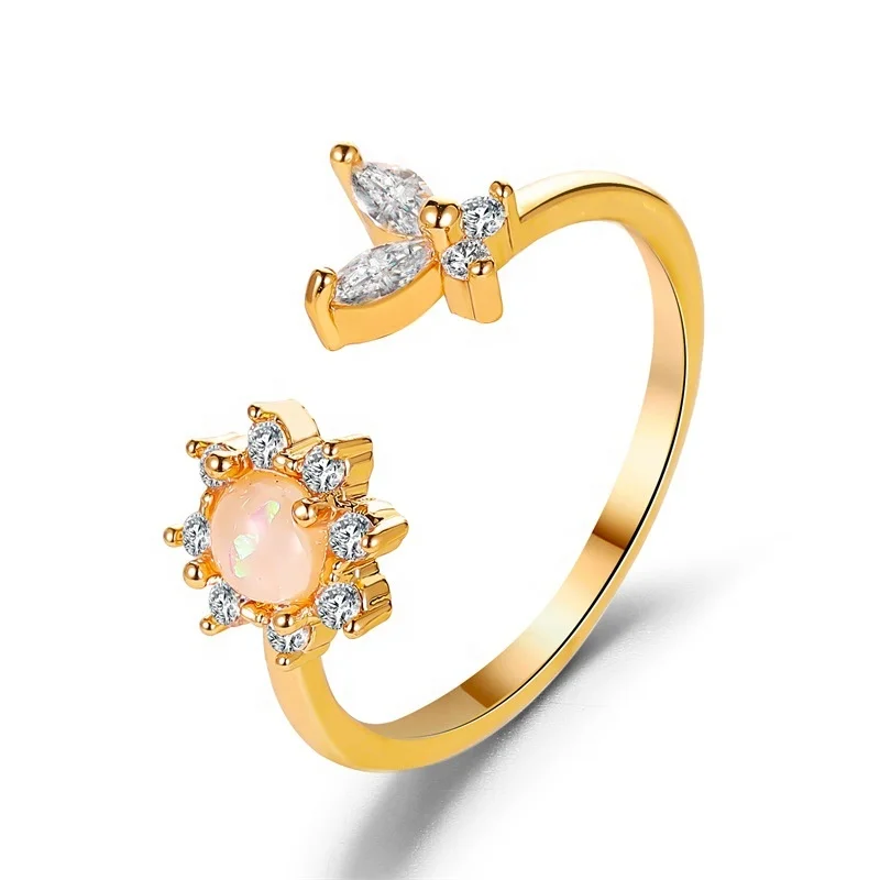 

Simple cute delicate women jewelry gold plated butterfly opal stone flower shaped adjustable rings for ladies