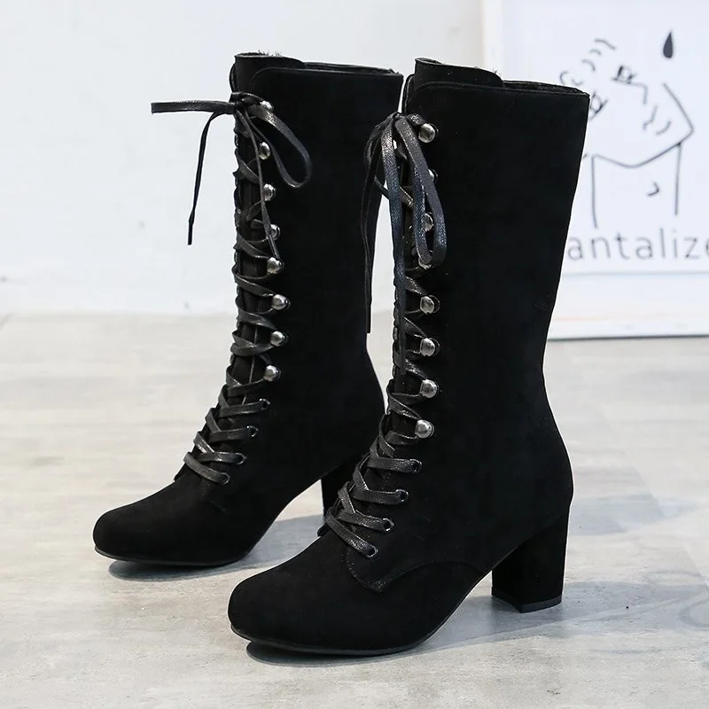 

Winter Warm Plus Size Female Knee Boots Block High Heels Women Mid Calf Platform Boots, Brown, black, blue