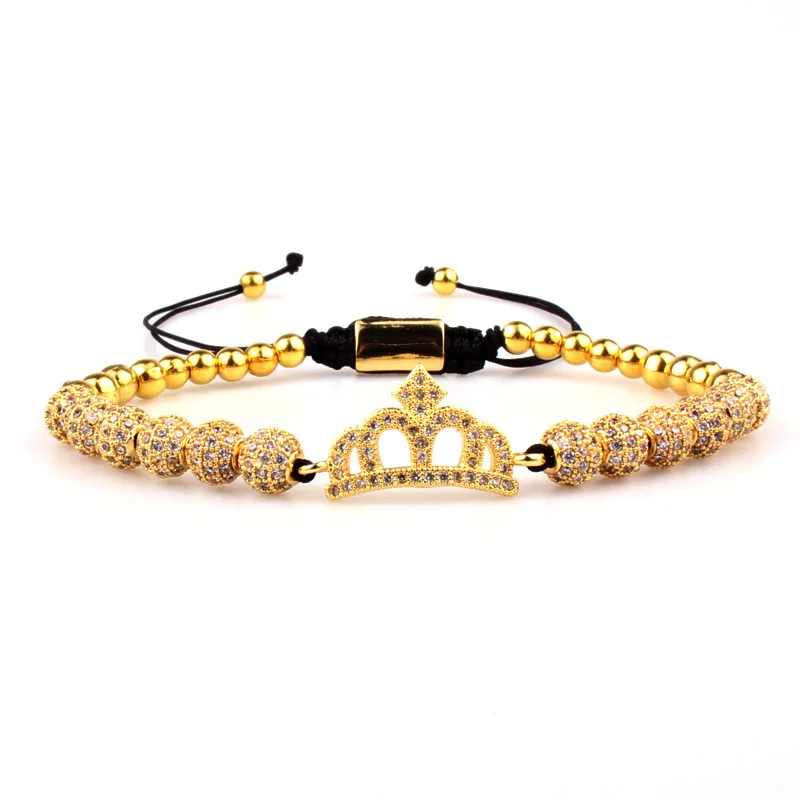 

European Royal Hand Jewelry Adjustable 18K Gold Plated 6mm Zircon Balls Queen Crown Charm Macrame Bracelet