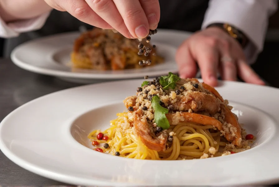 Chef's hand sprinkling Peruvian pepper berries over a finished dish demonstrating proper usage technique