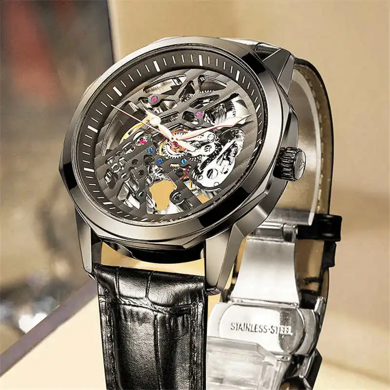 

Fashion Wrist Watches Mens Luxury 316L Stainless Steel Watch Relogio Masculino Tourbillon Skeleton Automatic Mechanical Watches, 7 colors