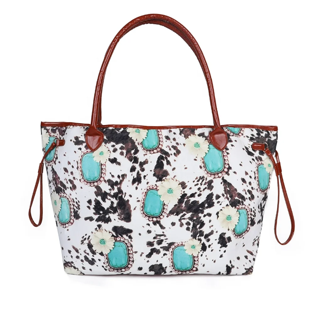 

Wholesale Turquoise Black Cow Sunflower Fashion Lady Handbag Tote Women Canvas Weekender Tote Bag Female Overnight Shoulder Bag, As pics