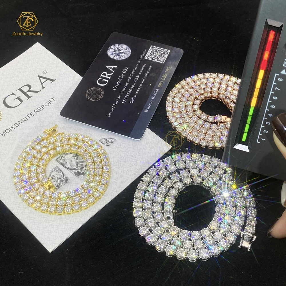 Pass Diamond Tester 925 Silver Tennis Necklace Ice Out Moissanite Chain Hiphop Jewelry Round Cut Moissanite Tennis Chain