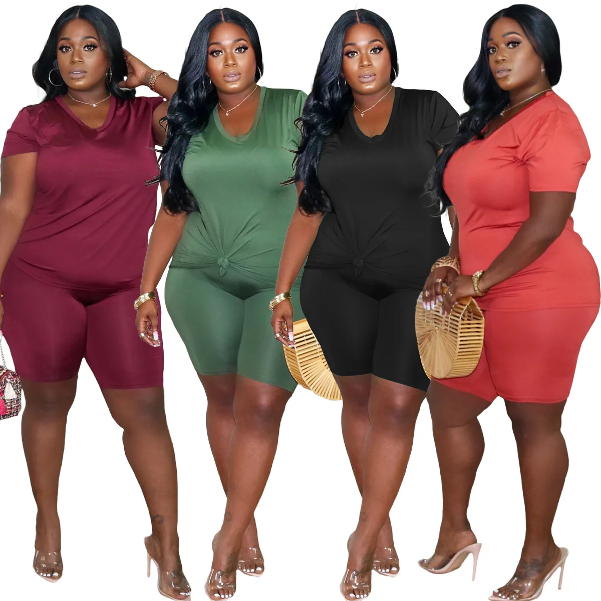 

Two Piece Set Shorts Plus Size Outfits Sports Activewear Women 2021 Casual Top and Short 2 Piece Set Summer Matching Sets, Orange, black, burgundy, army green