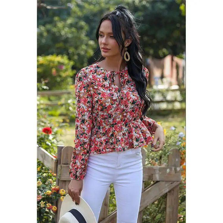 

PEARL 2021 Summer Woman Tops Fashionable Print Long Sleeve Hollow Out Bandge Ladies' Blouses