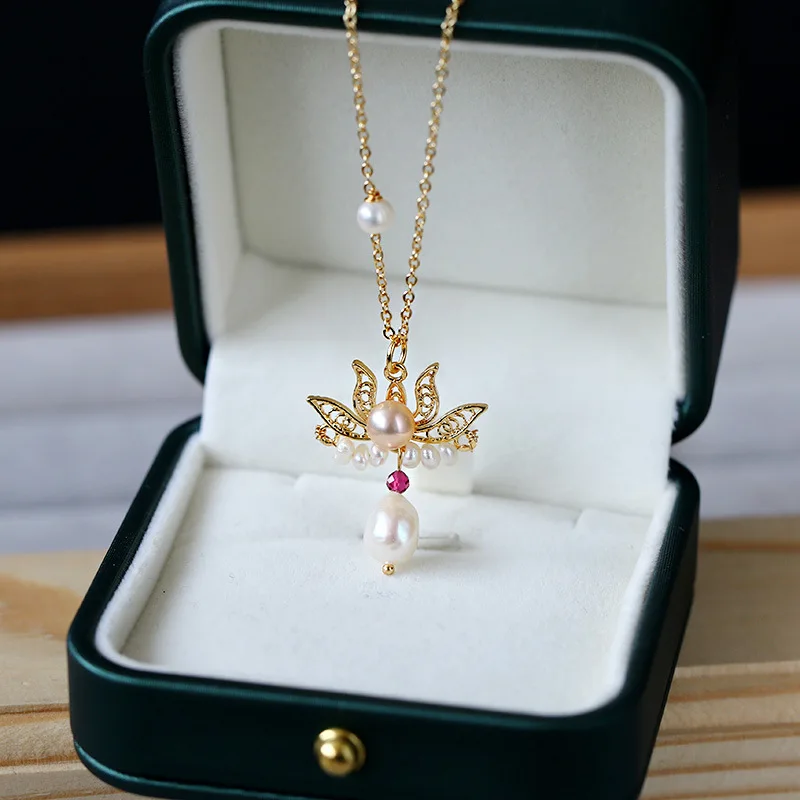 

2021 Female natural lotus suit copper plated 14K gold necklace with freshwater pearl necklace, As pictures