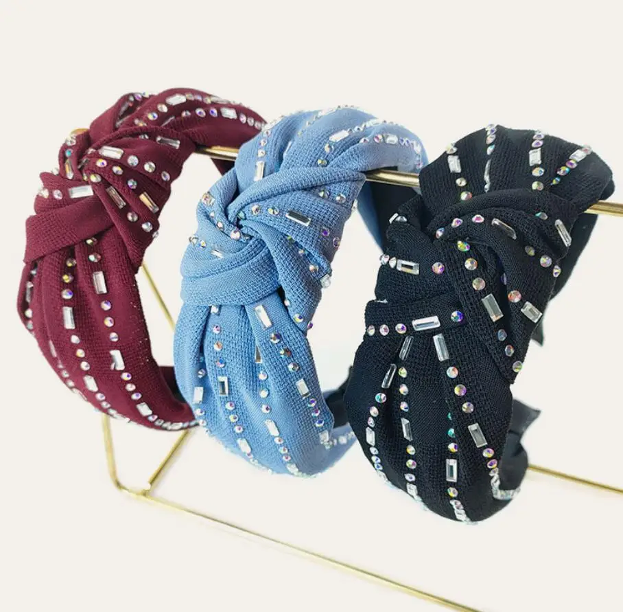 

Classic Solid Color Cotton Fabric Knotted Crystal Headband Wide Edge Non-slip Rhinestone Knot Crossed Hair Band Hair Accessories, Picture shows