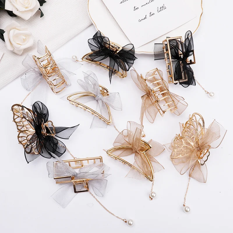 

Hot selling butterfly hair claw clips net bow pearl tassel grappling headdress ribbon for women