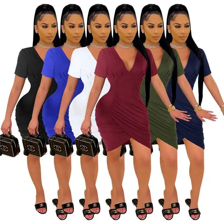 

JEAN Solid Color V Neck Draped Bodycon Dress Women Elegant Casual Dresses Clothing Grace