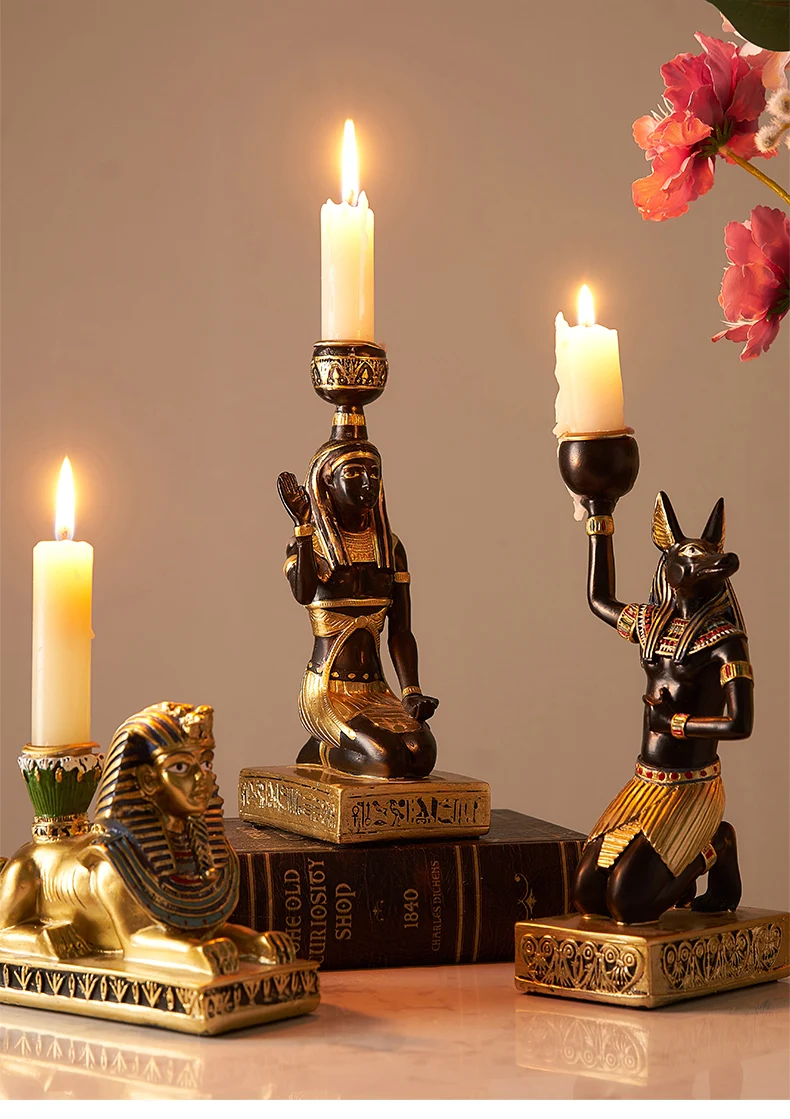 Set of 2 Egyptian Ceremonial Altarpiece Wadjet & Anubis Candlestick 