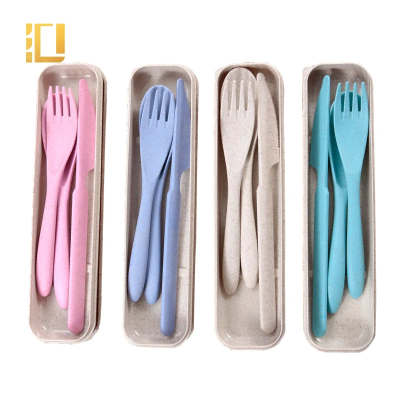 

Eco-friendly wheat straw spoon fork knife set travel camping plastic cutlery, Yellow/blue/pink/green