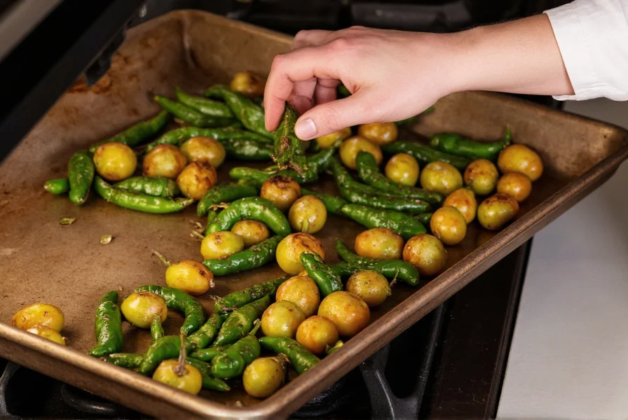 Chef's hands roasting green chilies and tomatillos on baking sheet under broiler, peppers showing char marks, kitchen setting