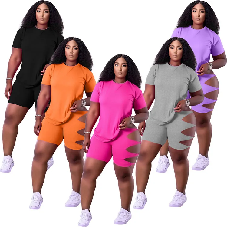

ZH8538 2 Piece Shorts Women Set T Shirts For Women Shorts Set With Hollow Out