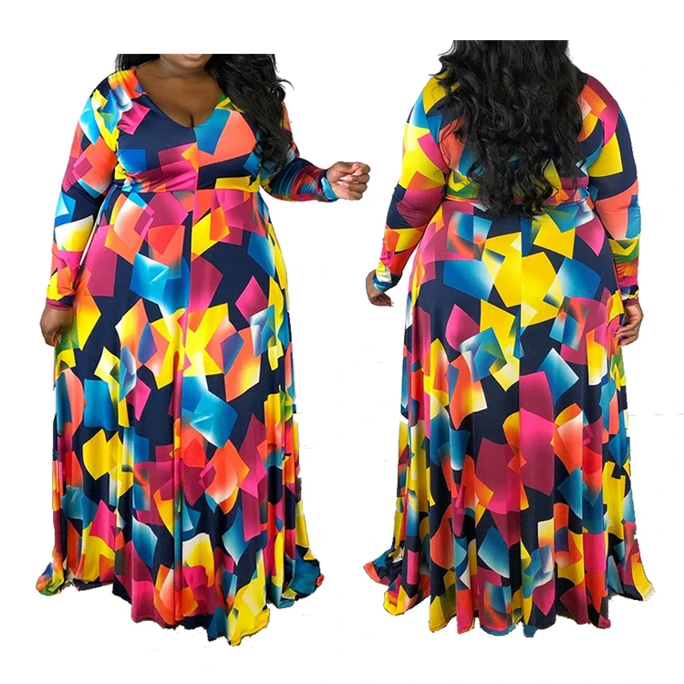 

Lovely Casual Long Sleeve Geometric Printed Multicolor Plus Size Dress Women Clothing