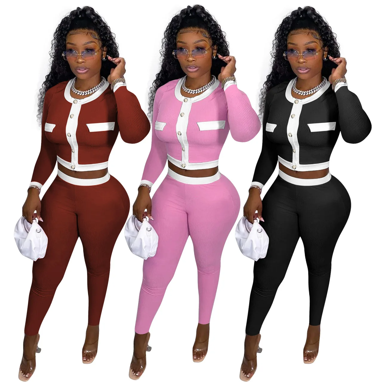 

2021 Wholesale Women Crop Tops 2 Piece Joggers Pants Sets Workout Fall Clothes Elegant Two Piece Pants Set