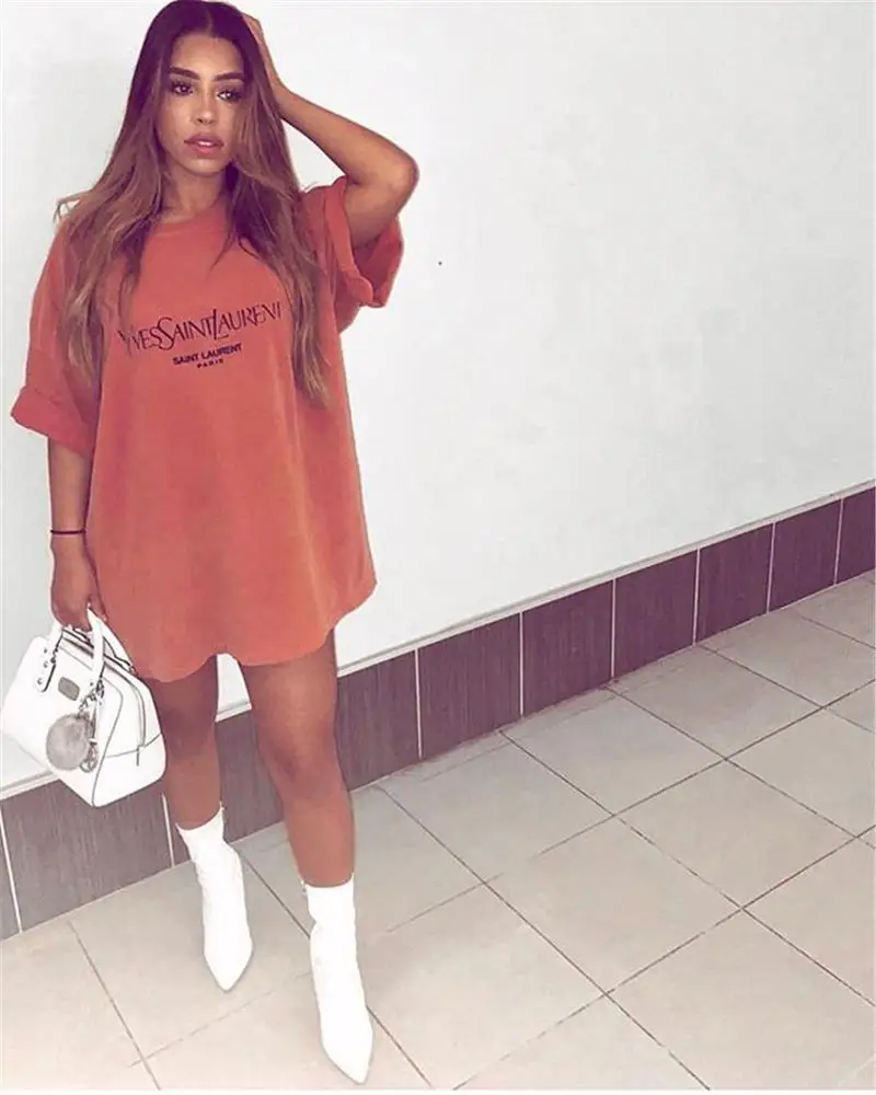 
8055 Women Cotton Fabric T-Shirts Women High Quality Long Tees Female Streetwear Casual Loose Tops Letter print tshirt Wholesale 