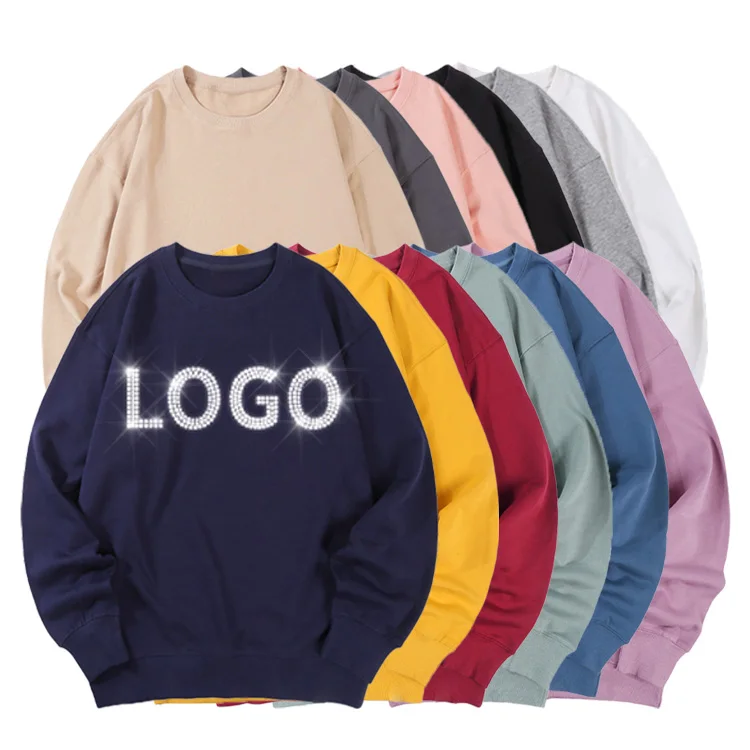 

Wholesale French Terry Embossed Logo Blank Cotton Rhinestone Oversized Sweatshirts Custom Sweatshirt Crewneck Sweatshirt