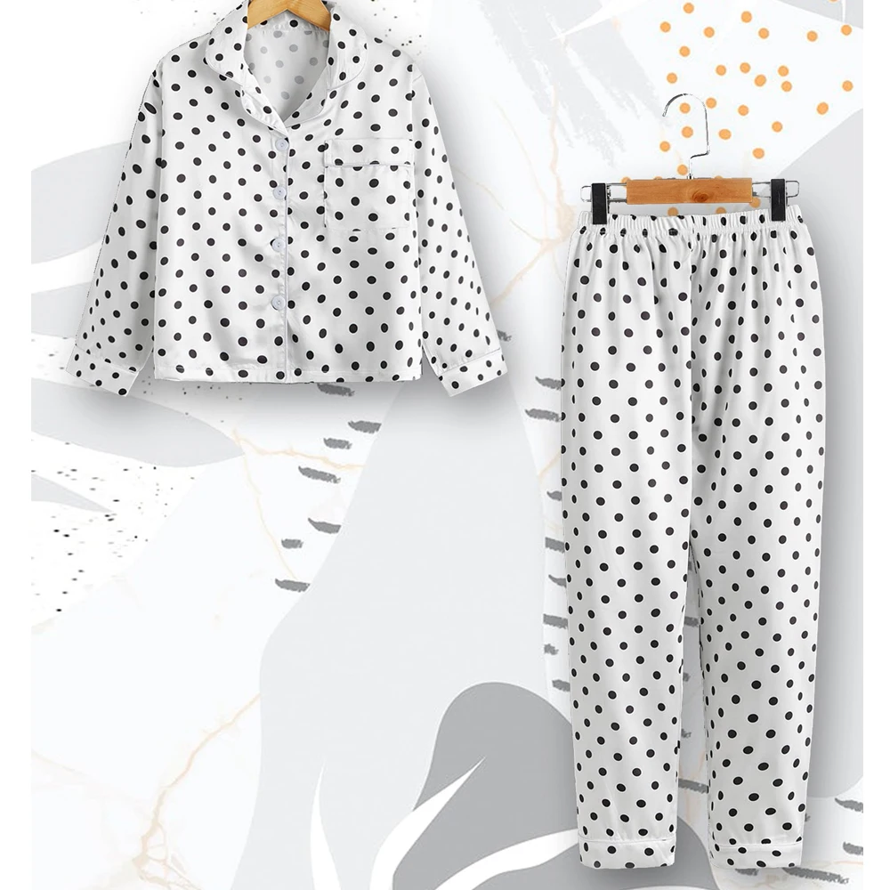 

Custom Hot Selling Soft Polka Dots Children Girls Pajama 2 Piece Satin Designer Pajama Set Girls, Picture shows