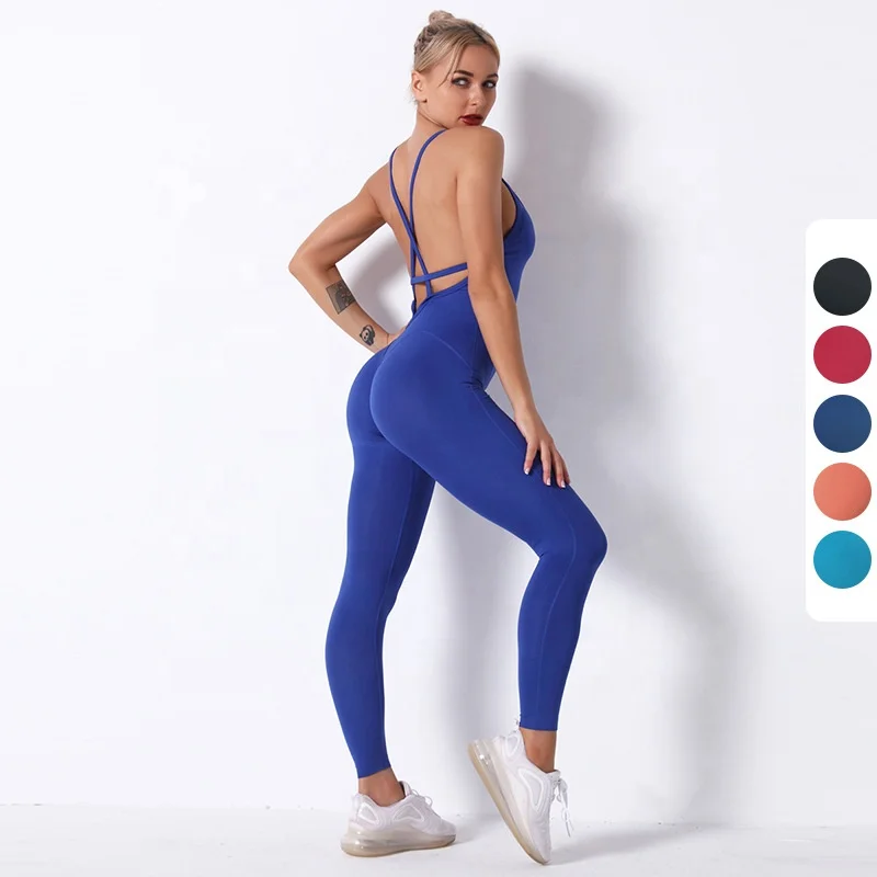 

Hot selling custom knitted seamless Yoga bodysuit rompers women's fashion sexy suspender one piece sleeveless jumpsuits