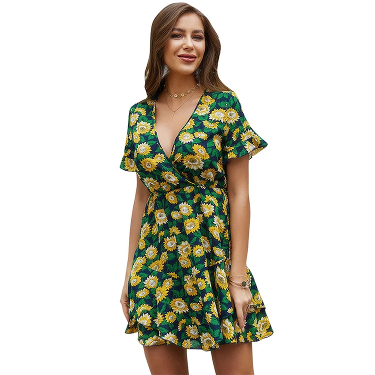 

LE-191012004 Sexy Women Bohemia Flower Print Party Clubwear Short Sleeve Dress V-Neck Casual Summer Beach Bodycon Mini Dress, As show