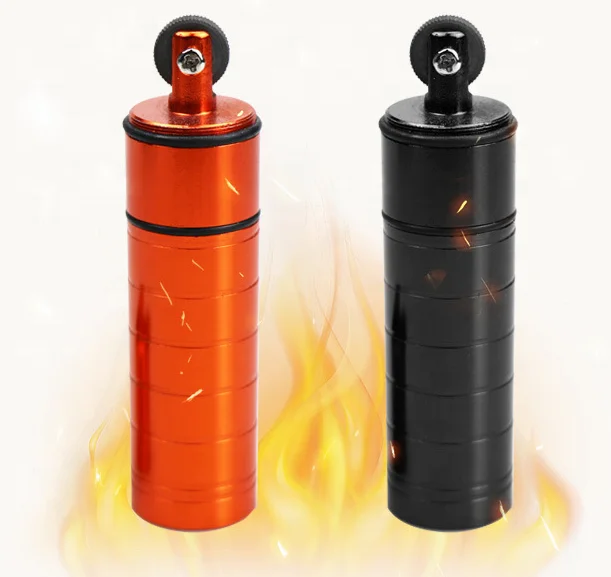 

Emergency Survival Lighter Multifunctional Flint Spark Wheel Fire Starter EDC Waterproof Pill Box Keychain Pill Organizer, Black/ orange