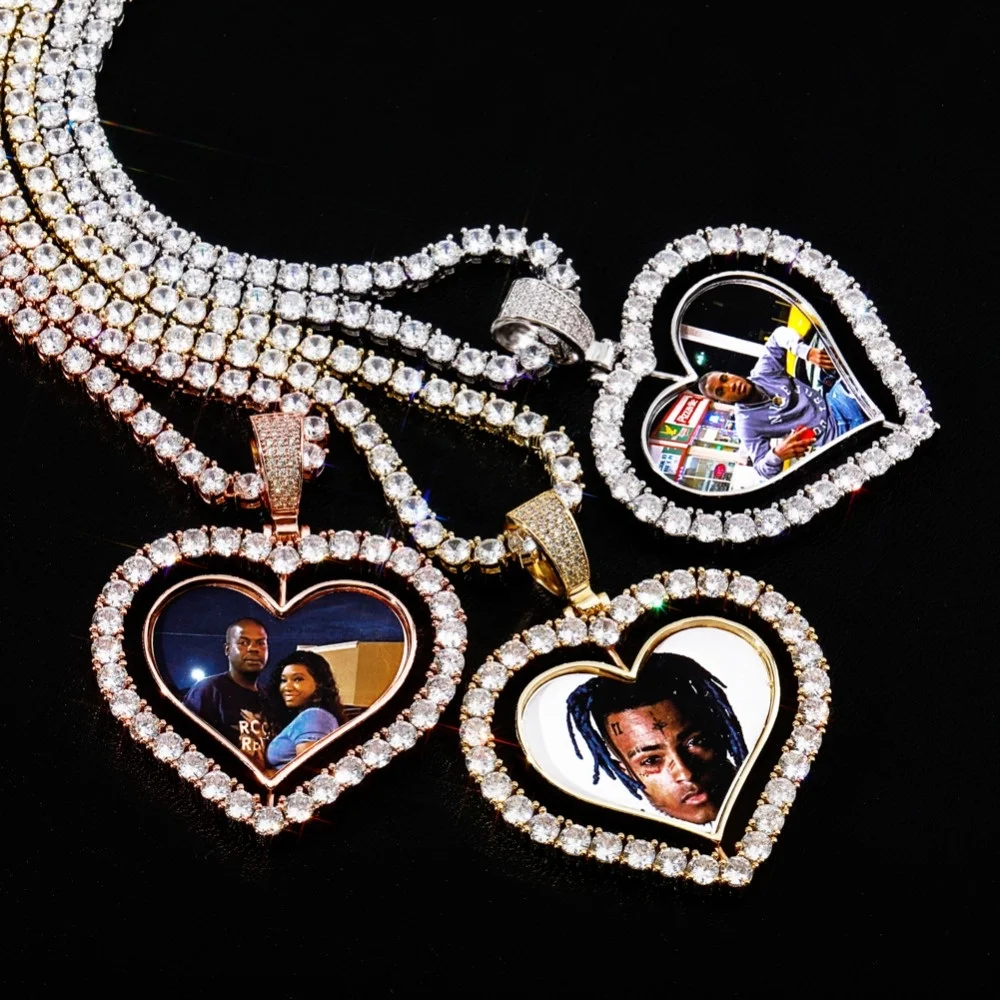 

New Heart Shaped Custom Photo Spin Double Sided Medallion Pendant Necklaces Women 4mm Tennis Chain Zircon Hip Hop Bling Jewelry
