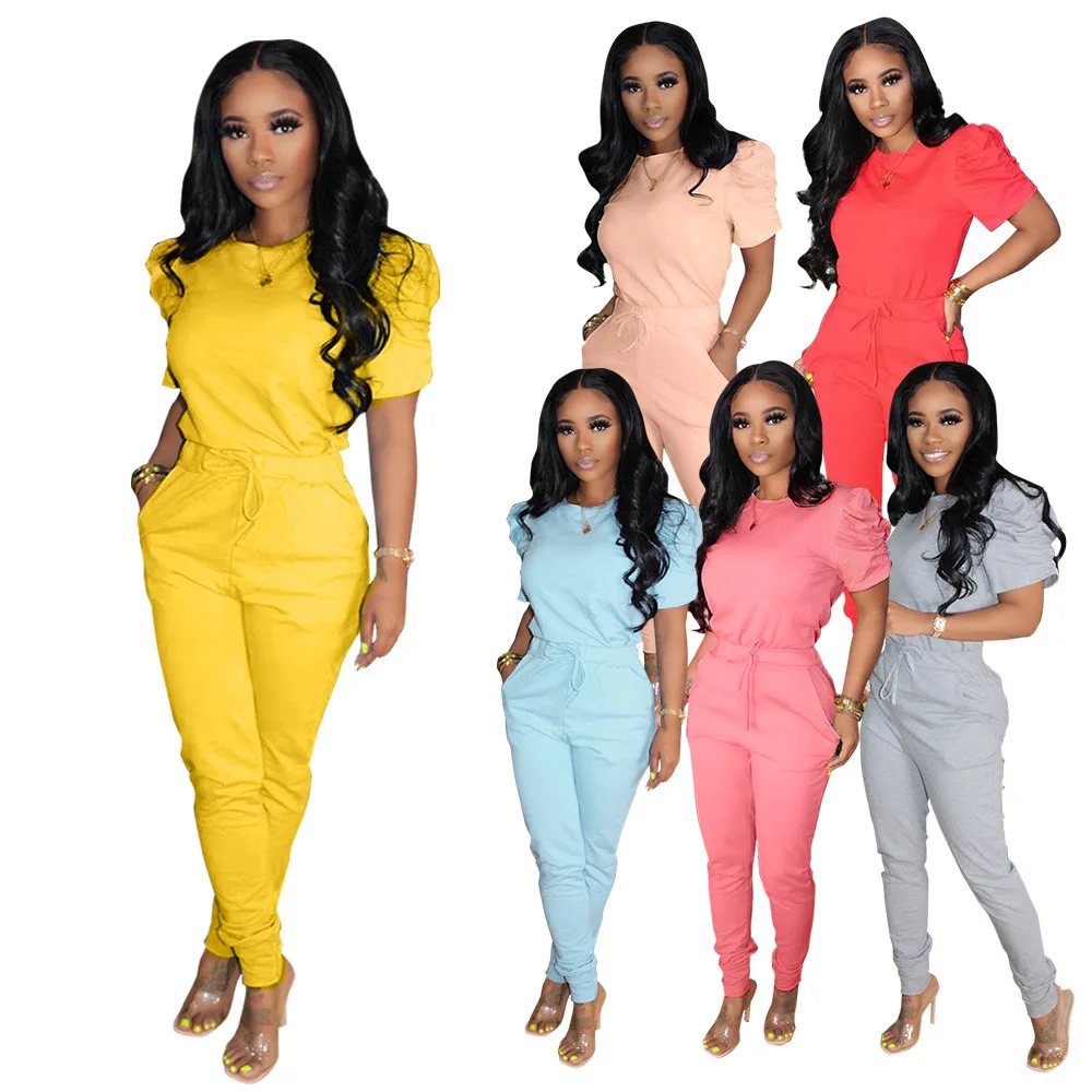 

Woman Clothes Newest Ruffle Sleeve Tops Drawstring Jogger Sweatpants Suit Casual Elegant Matching Set 2020 Fashion Outfits 00540