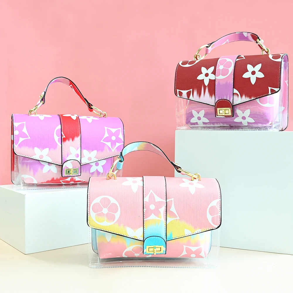 

pink loius vutton pvc clear transparent purses and handbags set popular 2 in 1 handbag with pouch, Customizable