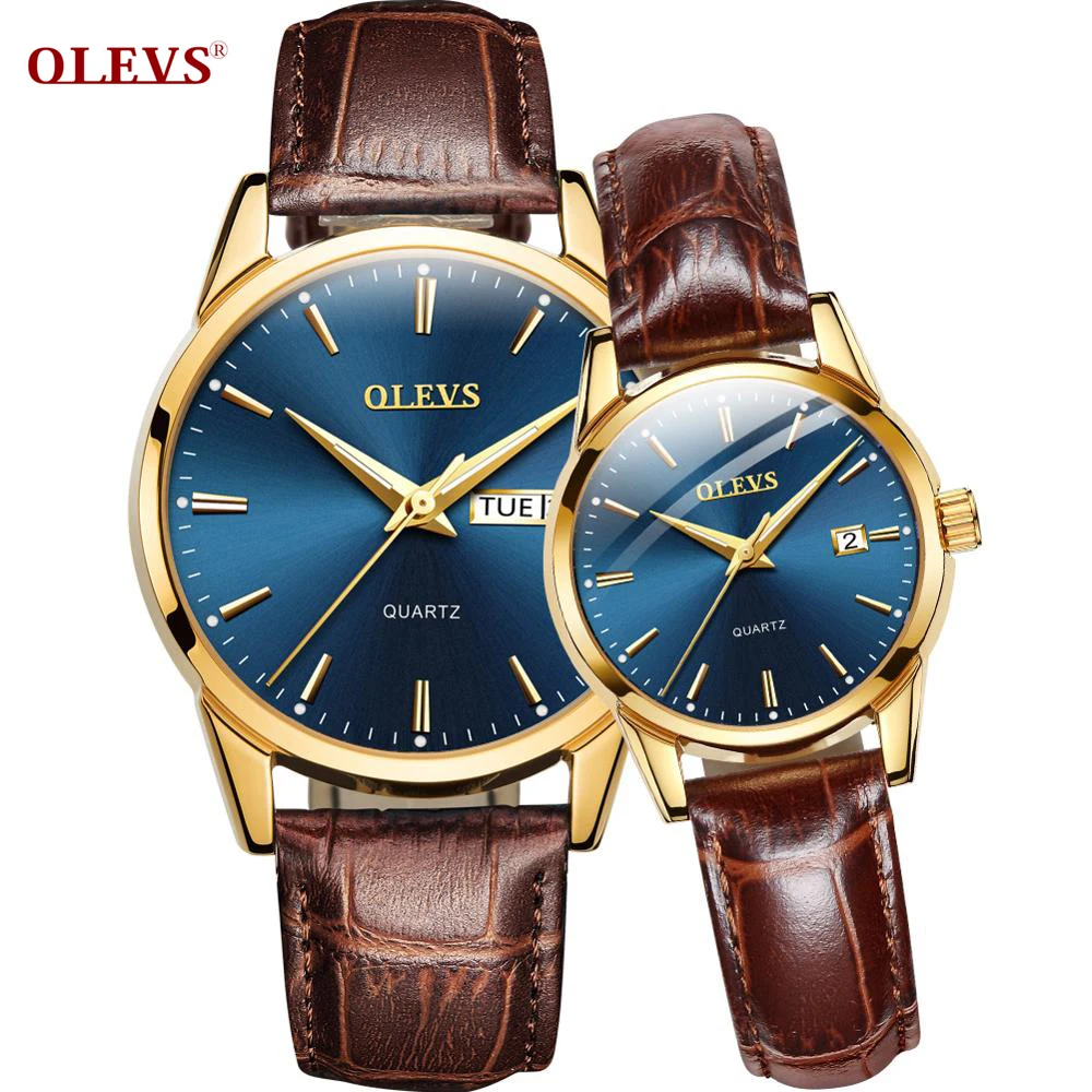 

OEM OLEVS Leather Watch Man And Woman Couple WristWatches Luxury Lover Watch Quartz Watches Reloj Pareja Waterproof Auto Day, 3 colors