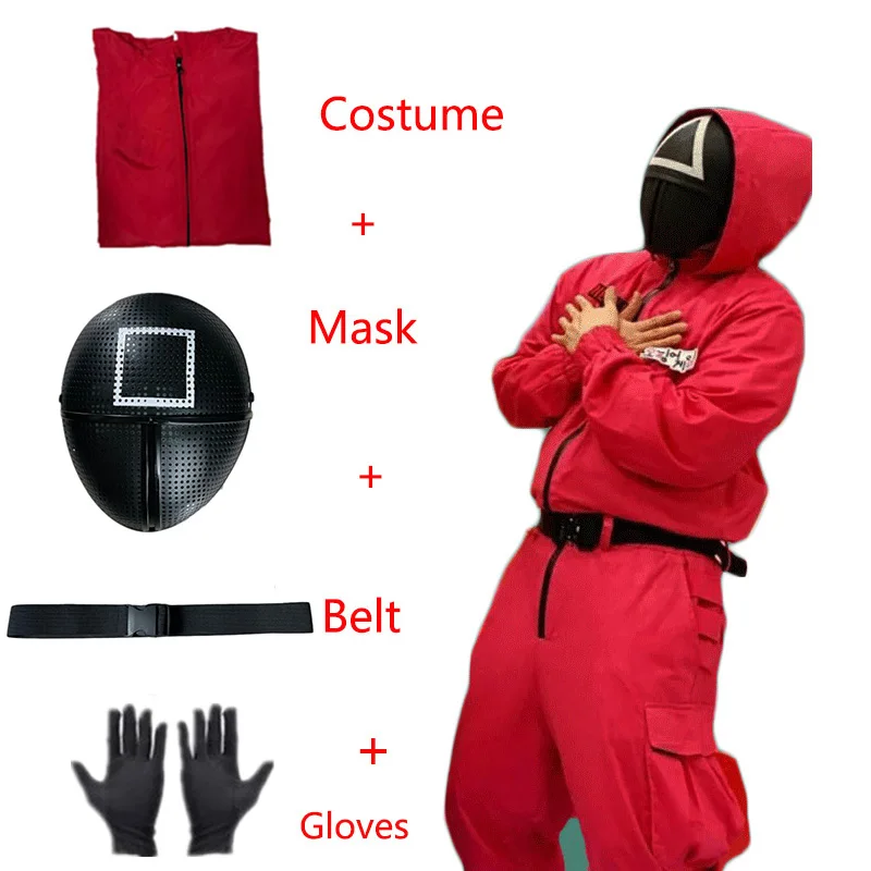 

Halloween Party Costume Mask Cosplay Jumpsuit Round Six Square Circle Triangle Plastic Helmet Masks Suit Squid Game Costume, Red