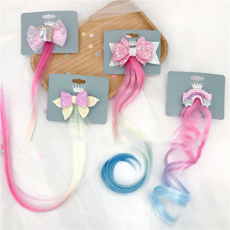 

MIO Children's Colored Curly Hair Extensions Cute Cartoon Unicorn Wig Hair Clips Double Bow Rainbow Hairpin Kids Hair Accessory