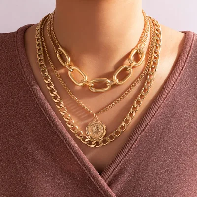 

Simple Fashion Jewelry 18k Gold Plated Link Chain Necklace Layered Chunky Cuban Chain Portrait Pendant Necklace For Punk Women
