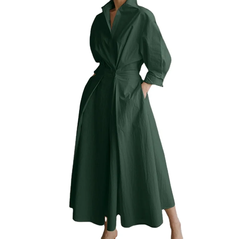 RNSHANGER Plus Size 5XL Autumn Solid Cotton Linen Maxi Dress Casual Empire Waist Turn-down Collar Regular Fit A-Line Long Sleeve