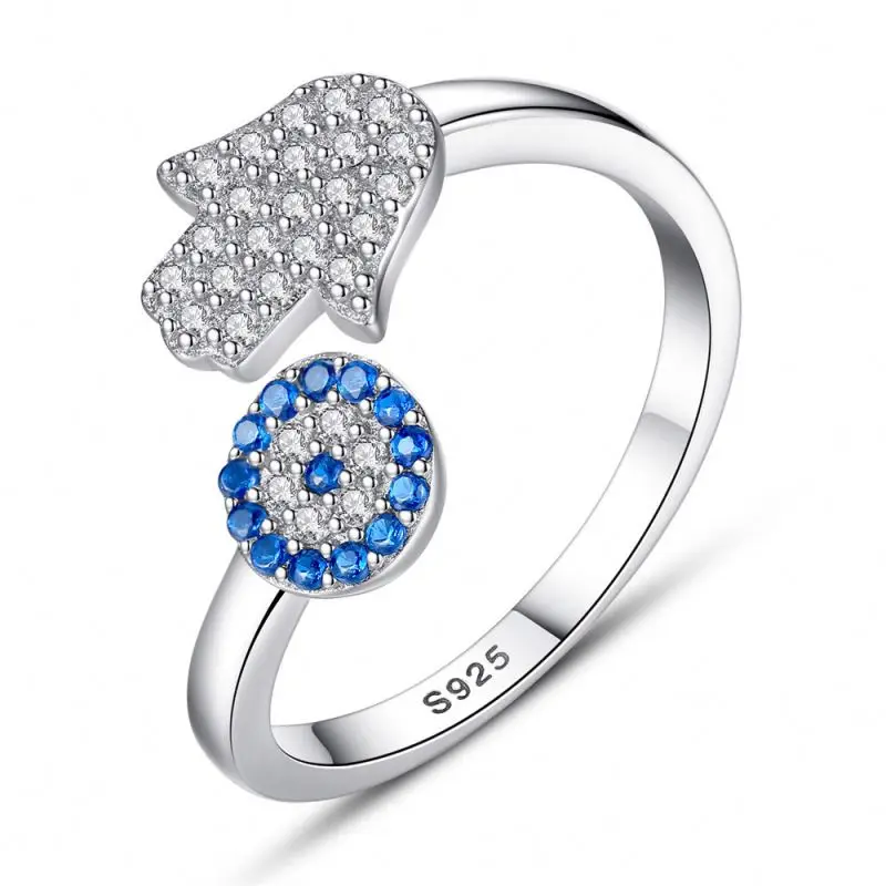 

Dylam Dainty Blue Eye Ring Rose Rhodium Gold Plated 925 Sterling Silver Cz Micro Pave Hamsa Hand Adjustable Rings For Women
