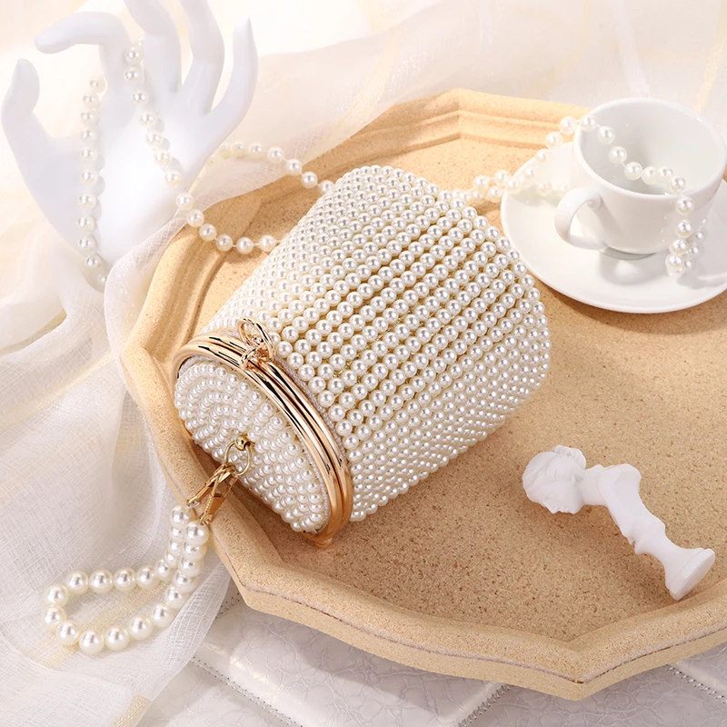 

Factory Wholesale Round Barrel Lovely Fashion Elegant High-grade Lady Pearl Hand Bag Evening Bag Party Bag, Picture shows
