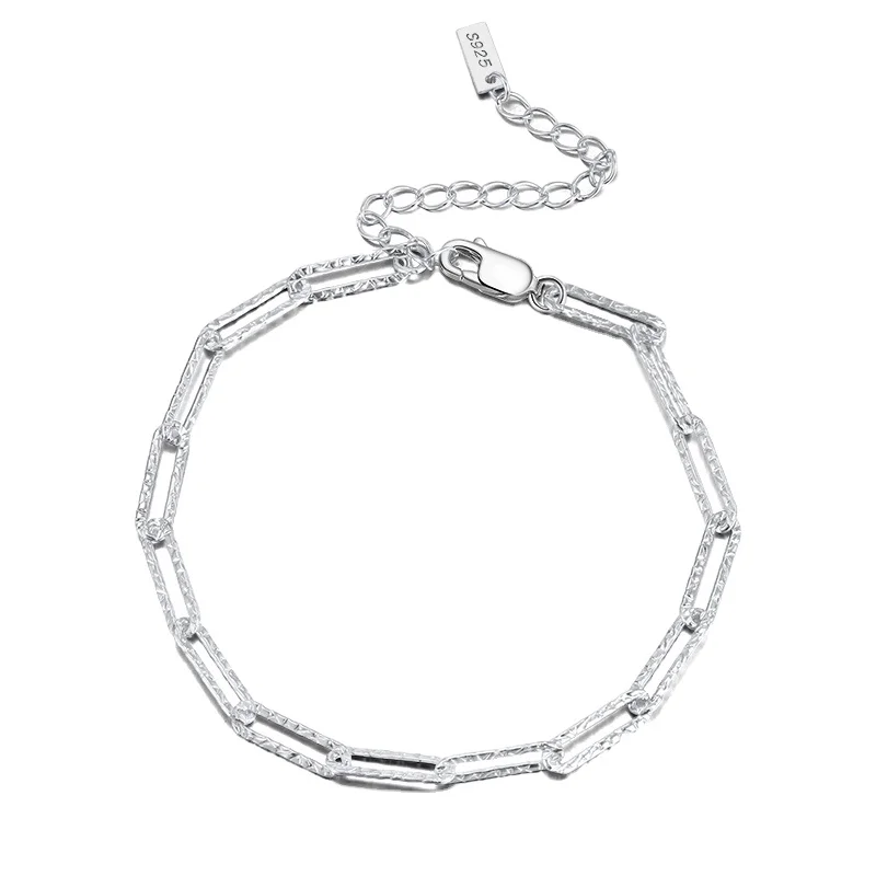 RINNTIN SB120 Joya De Plata Solid 925 Sterling Silver Chain 3.5mm Paperclip Link Hammered Silver Bracelet Jewelry Brazalete