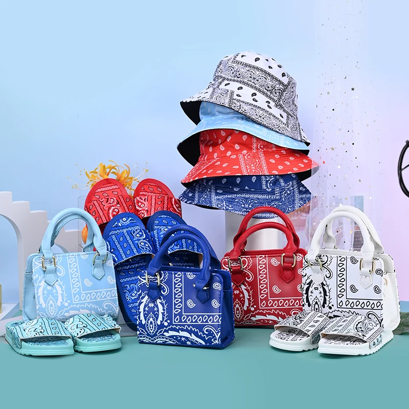 

New Arrival Ladies Purse Shoulder Bags Small Pu Leather Handbags For Women Bandana Bucket Hat And Shoes Match Hand Bag Set, 5 colors