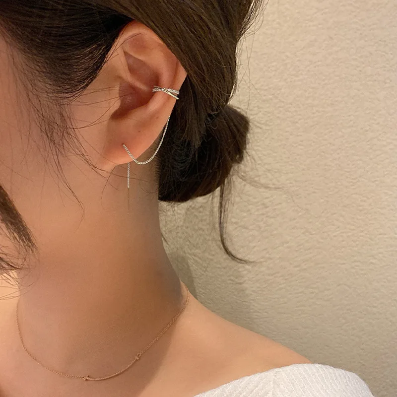 

Gold Silver Long Line Ear Cuff Jewelry for Women Girls One Pair Shining Stackable Zircon Cross Ear Clip On Earrings