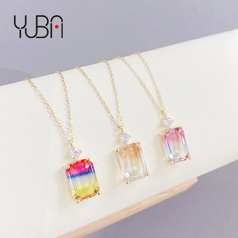 

Custom square zircon plated 18K gold collarbone chain color gemstone necklace