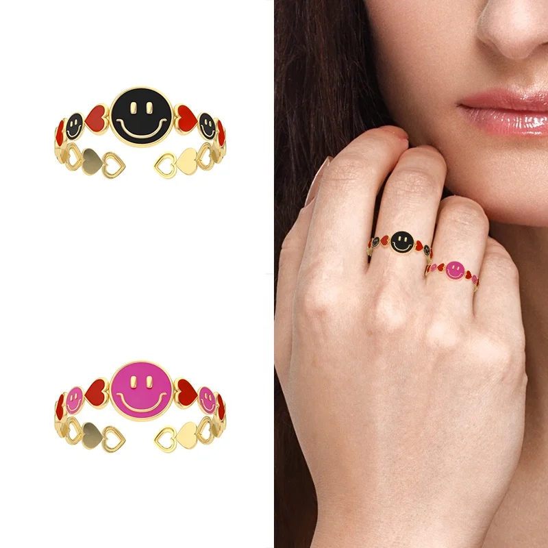 

Lovely Enamel Smiley Gold Rings Women Girls Couple Rings Jewelry 925 Sterling Silver Colorful Neon Finger Ring Hearts Wedding
