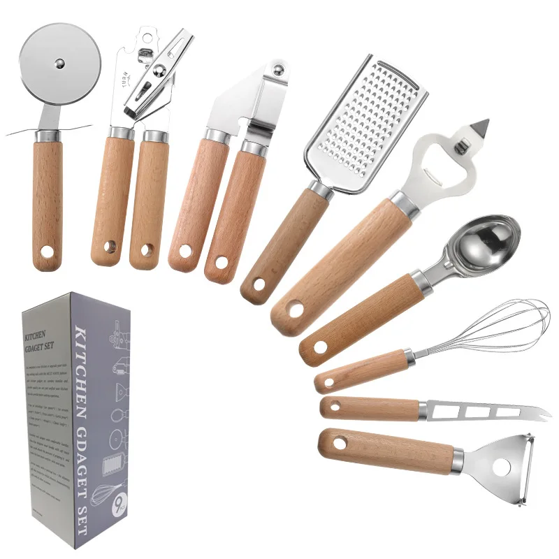 

Cuten wholesale Backwerkzeuge high quality 9 Piece wood handle stainless steel kitchen utensil gdaget tools set