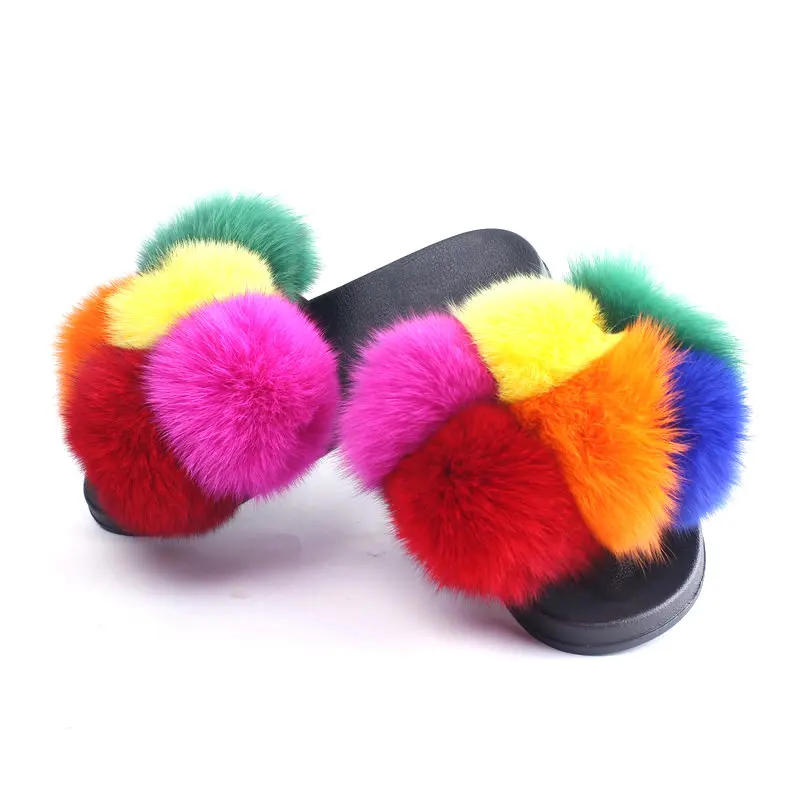 

New summer women's ball fur slides fur pom pom platform sandals