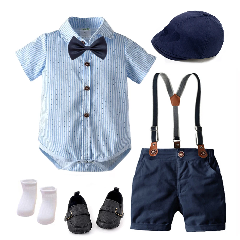 

Handsome Gentleman Bow Belt Short Infant Toddler Party Costume Clothing Sets Newborn Baby Boy Romper Clothes, Navy blue