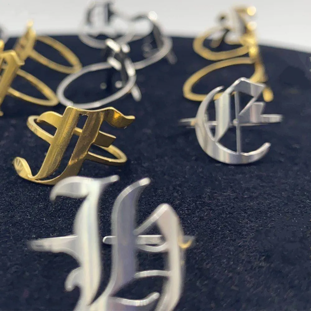 

Initial A-Z Initial Letter Rings For Women Stainless Steel Gold Jewerlry Punk Anillos Mujer Old English Ring, Gold, silver, rose gold